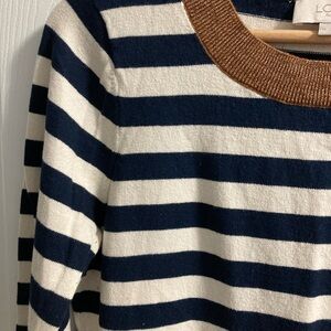 LOFT Navy and White Striped Long Sleeve Tee with Gold Accents